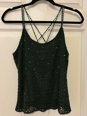Debbie Shuchat Dark Green Crochet Tank Top with beaded straps and details - Lrg